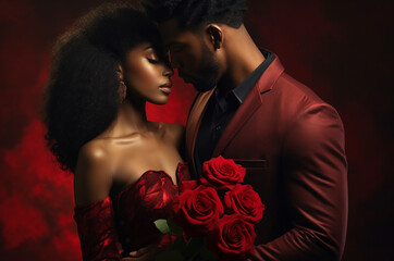 Black couple with a bouquet of roses for Valentine is Day - obrazy, fototapety, plakaty
