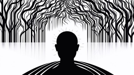 Escape or finding a way or destiny or solving life problems psychologic concept with human silhouette man trapped in a labyrinth. Not finding the exit depression in mental health. Banner, posters