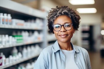 Portrait of a charming mature African American female pharmacist wearing glasses among shelves of medicines in a pharmacy. Experienced confident professional in the workplace. Copy space.