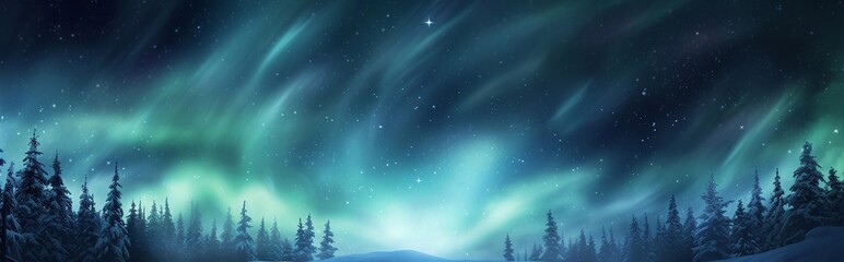 Empty copy space winter banner with northern lights winter scene with close up snowflakes, snow, blizzard. Abstract magic light, rays, snow on dark background. Winter night - obrazy, fototapety, plakaty
