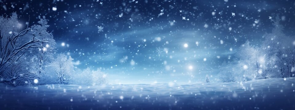 Empty copy space winter banner with northern lights winter scene with close up snowflakes, snow, blizzard. Abstract magic light, rays, snow on dark background. Winter night