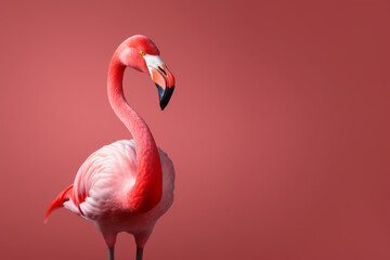 A graceful flamingo against a pink background, featuring minimal retouching, radiates elegance and style, captivating the viewer with its simplicity.