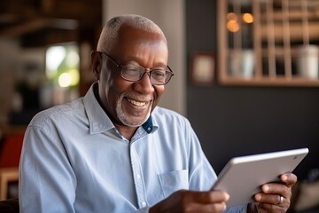 Cheerful senior grey-haired African American man in casual clothing uses digital tablet while sitting on sofa at home. Focused retired person browsing the Internet, watching news, reading e-book.