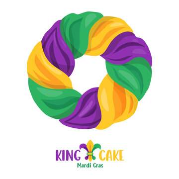 Traditional king's cake covered with colorful glaze. View from above. Celebrate festive and delicious during Mardi Gras carnival