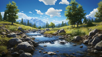 A flowing stream surrounded by fantasy landscapes, realistic blue skies, and expertly used light and color, creating a dreamy and magical scene.