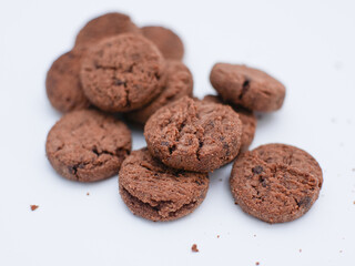 mini chocolate chip cookies isolated on white background