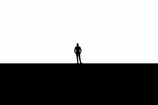 Silhouette of a man standing on a black surface on a white background.