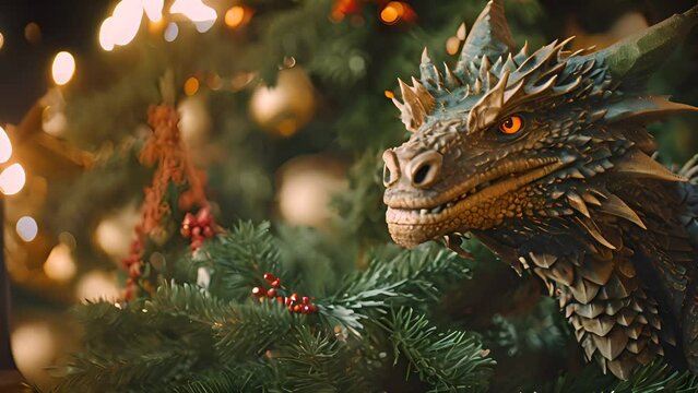 New year decoration with dragon and Christmas tree. AI generated.