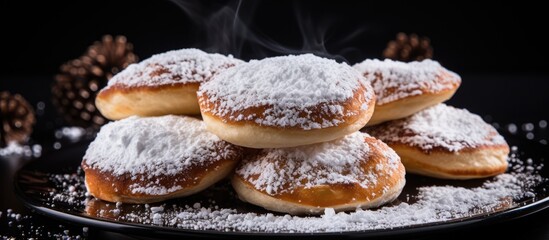 Modern minimalist food design of traditional Serbian vanilice cookies with powdered sugar on a black background