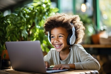 Smiling African American boy sitting at desk with laptop and headphones in cozy room. Smart black kid studying online lesson, participating in web meeting with tutor. Home schooling concept. - obrazy, fototapety, plakaty