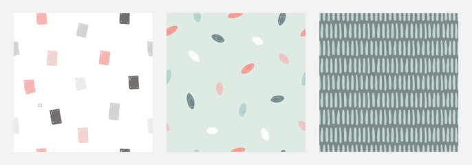 Set of 3 hand draw seamless pattern with abstract elegant line brush stroke and shapes in pastel colors. 