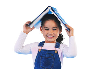 Isolated girl kid, book and head with portrait for learning, school or security by transparent png background. Child, story and sign of home, library and academy for reading, education and knowledge