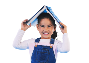 Isolated girl kid, book and head with portrait for learning, school or security by transparent png background. Child, story and sign of home, library and academy for reading, education and knowledge