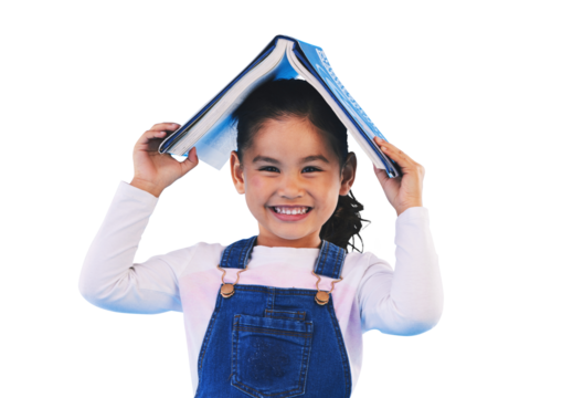 Isolated girl kid, book and head with portrait for learning, school or security by transparent png background. Child, story and sign of home, library and academy for reading, education and knowledge