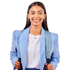 Happy, woman student and backpack in portrait for scholarship, future education and university career Bag, face and indian girl with excited for college and isolated on transparent png background