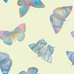 Cute butterflies hand drawn in watercolor, seamless pattern for wallpaper design