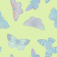 delicate butterflies of blue color isolated on light green background, seamless pattern