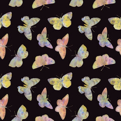 seamless botanical pattern, watercolor butterflies on a dark background