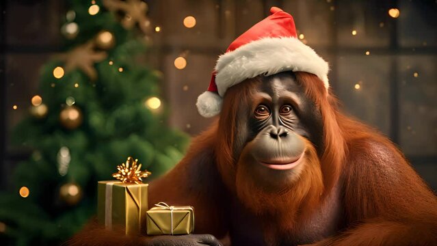Christmas and New Year holidays concept. Cute orangutan in Santa Claus red hat.