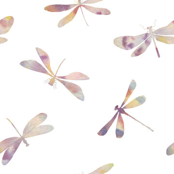 delicate watercolor dragonflies on a white background seamless pattern for design