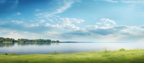 Summer lakeshore with lush grass
