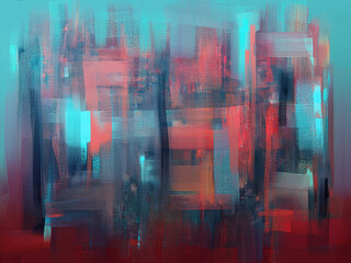 Abstract paint strokes, dark oil painting on canvas, artistic texture with blue, red and azure accents.