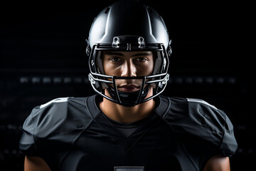 Close-up portrait of professional American football player in black jersey. Determined, powerful, skilled Caucasian athlete wearing helmet with protective mask. Black background.