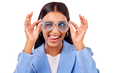 Goofy, face of woman and sunglasses with tongue out, creative and isolated on transparent png background. Business, crazy and young professional in modern fashion, trendy cool style and work clothes.