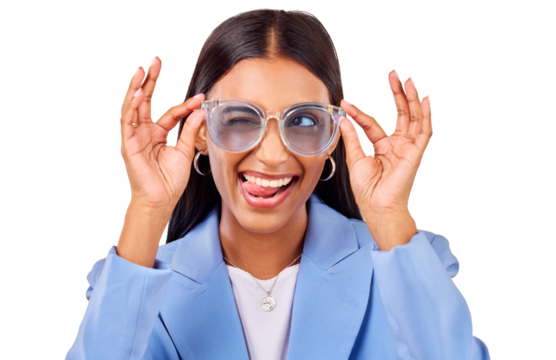 Goofy, face of woman and sunglasses with tongue out, creative and isolated on transparent png background. Business, crazy and young professional in modern fashion, trendy cool style and work clothes.
