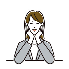 頬杖をつく笑顔のスーツ姿の女性