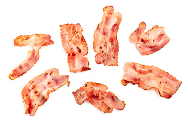 Fried bacon slices isolated on white.