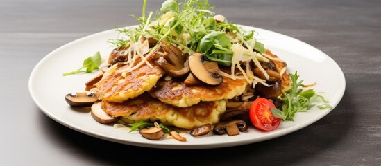 Potato pancakes served with vegetable salad and mushrooms