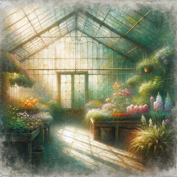 Grattage painting technique of an old-fashion greenhouse