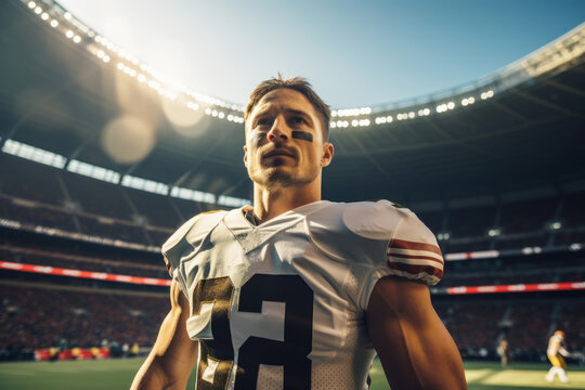 Portrait of professional brutal American football player without helmet against the backdrop of stadium stand. Determined, powerful, confident Caucasian athlete preparing to win the game.