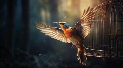 a bird released from a cage  - obrazy, fototapety, plakaty