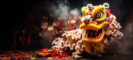 Lion dance and confetti during, Chinese dragon character for the dragon dance at the Chinese New...