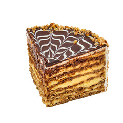 A piece of Esterhazy cake based on protein cakes with hazelnuts and custard isolated on white