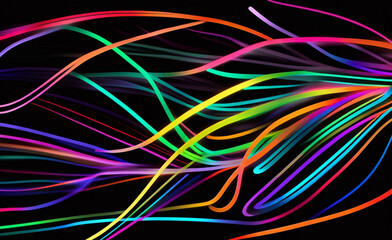 黒い背景に未来的なネオンが点滅します。モーションライトラインの背景。バナー、ポストカード、イラスト用。