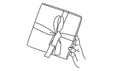 line art of hands holding kraft gift box tied with ribbon
