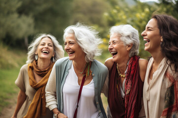 The portrait group shot of happy female elders enjoying a leisure time outdoors together. Senior group old friends. Generative AI. - obrazy, fototapety, plakaty