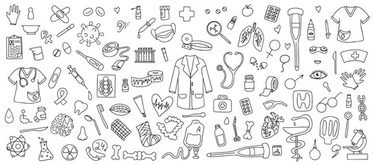 Hand drawn medical and medical drawings. Healthcare, pharmacy, medical icons collection. Vector 