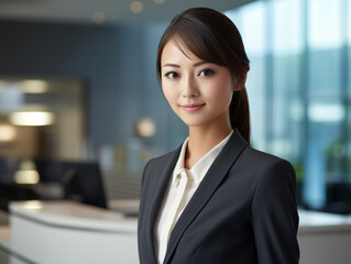 A Japanese young woman in a sleek suit, her confident smile and direct eye contact convey a sense of triumph over challenges, standing at the reception counter in a modern office lobby.