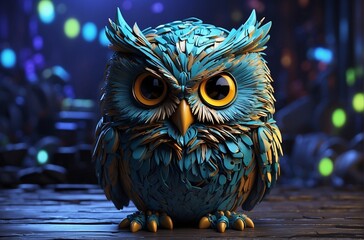 3D owl neon blue colors