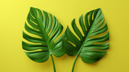 Two green leaves on vivid yellow background