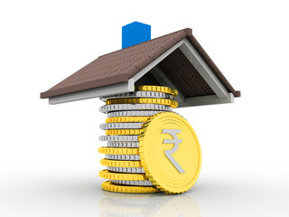 3D illustration Real estate industry-house on gold coin indian rupee