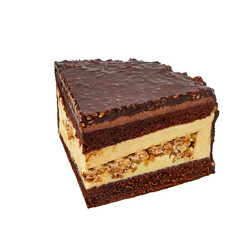 A piece of Squirrel cake based on chocolate biscuit, custard, meringue with nuts, chocolate glaze isolated on white