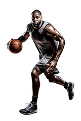 Fototapeta na wymiar action shot of an african american basketball player moving and playing, isolated on a white or transparent background png, professional basket ball athlete studio shot