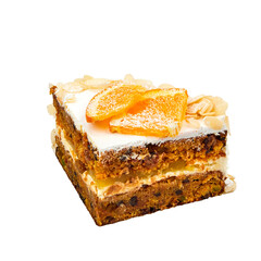 A piece of Carrot cake with orange, lemon, candied fruits and nuts zest, curd cream and orange marmalade isolated on white