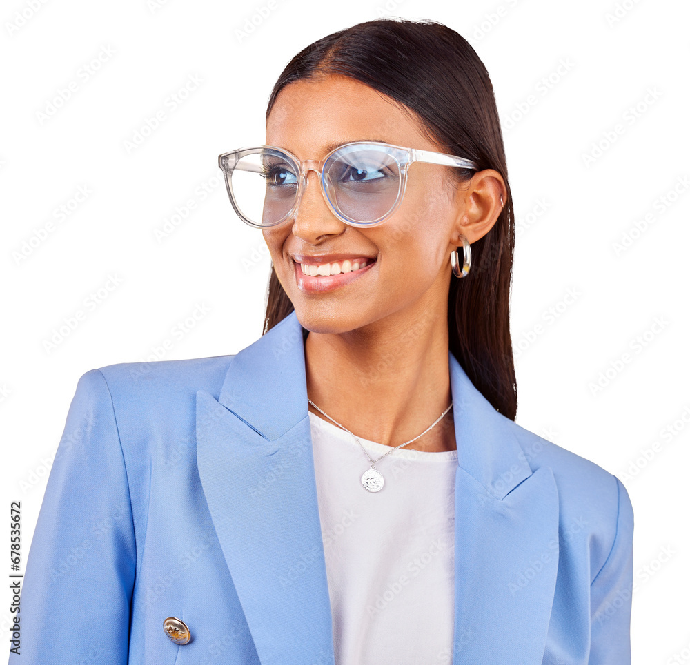 Poster Smile, face and woman with sunglasses, creative eyewear and isolated on transparent png background. Business, happiness and young professional with modern fashion, trendy cool glasses and eye care.