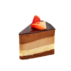 A piece of Three chocolate cake based on chocolate, vanilla and milk mousse isolated on white
